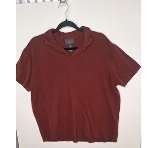 HM Mens XL Burgundy V-Neck Polo Shirt Short‎ Sleeve Relaxed Fit Cotton Blend Top